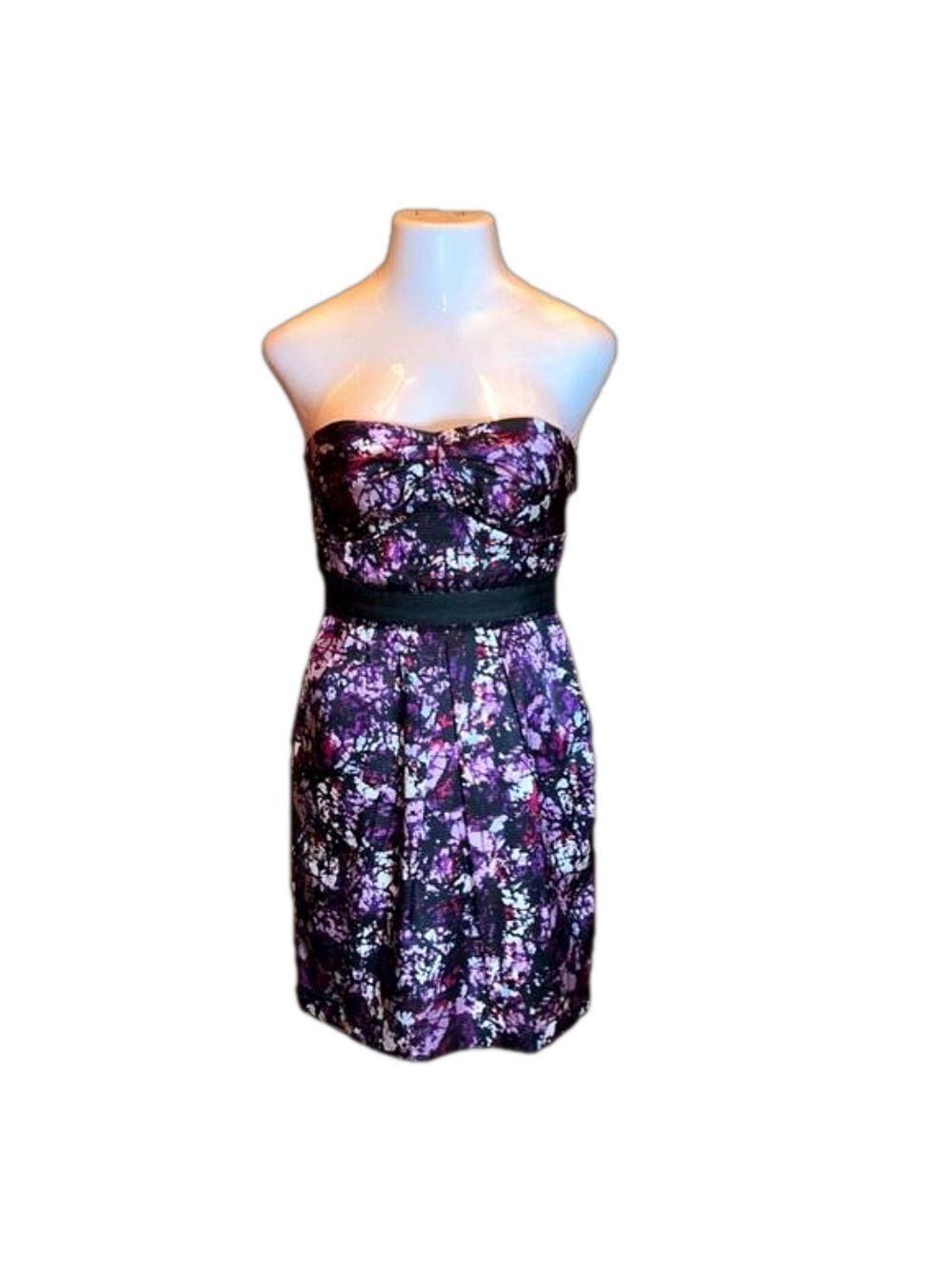 MAX & CLEO  Purple & Black “Satiny” Print Strapless Dress Size 8
